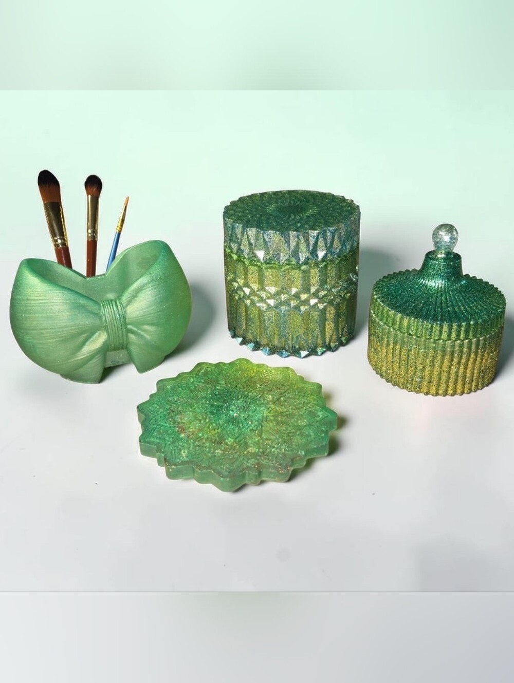 Green Glitter Decorative Vanity Set - Bow Brush Holder & Trinket Dishes 4 Pieces